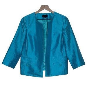 Talbots Silk Blend Open Front Blazer Size 12 Aqua Blue Pockets Career